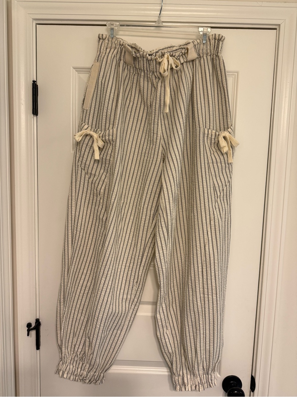 Relaxed Stripe Drawstring Cotton Pants - Cream & Blue